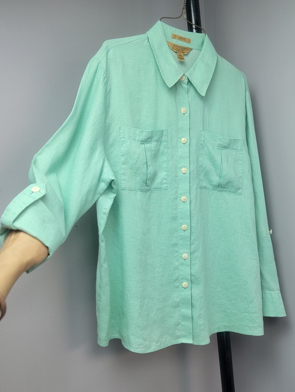 Womens Linen Button Front Top Shirt Petite 16P Light Green Mint Roll Tab Sleeves